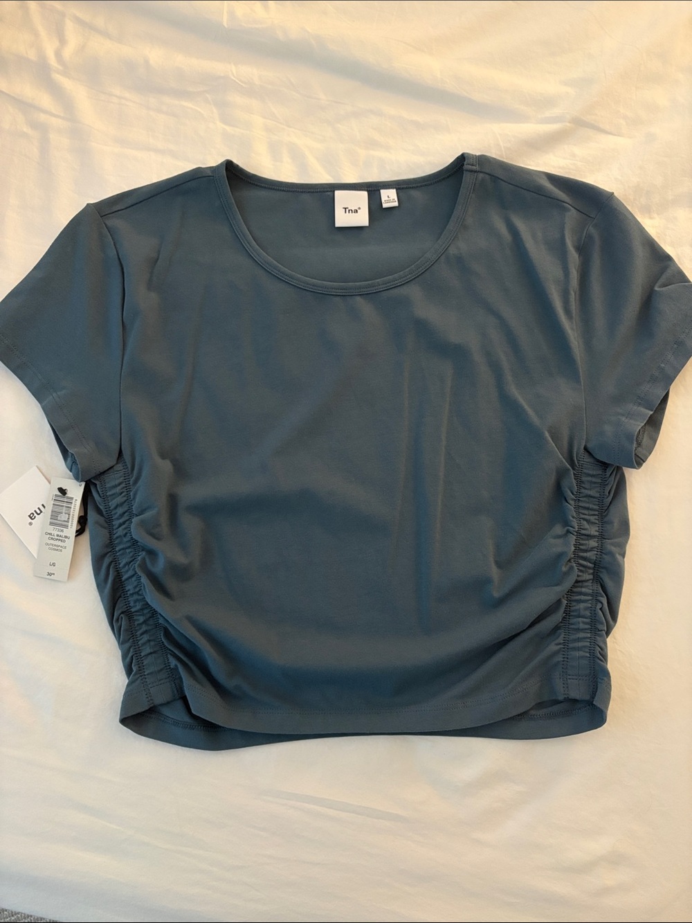 Aritzia TNA Slate Blue Side-Ruched Cropped Tee